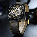 Load image into Gallery viewer, OLEVS Men&#39;s Skeleton Automatic Mechanical Black Leather Watch Model 6651
