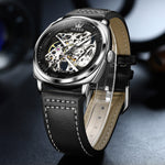 Load image into Gallery viewer, OLEVS Men&#39;s Skeleton Automatic Mechanical Black Leather Watch Model 6651
