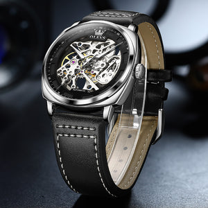 OLEVS Men's Skeleton Automatic Mechanical Black Leather Watch Model 6651