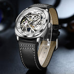 Load image into Gallery viewer, OLEVS Men&#39;s Skeleton Automatic Mechanical Black Leather Watch Model 6651
