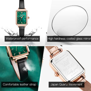 OLEVS Fashion Retro Square Watches for Women Green Stone Square Watch  Ladies Gold Analog Quartz Watches