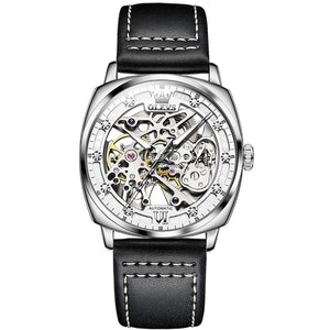 OLEVS Men's Skeleton Automatic Mechanical Black Leather Watch Model 6651