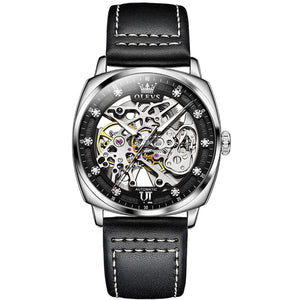 OLEVS Men's Skeleton Automatic Mechanical Black Leather Watch Model 6651